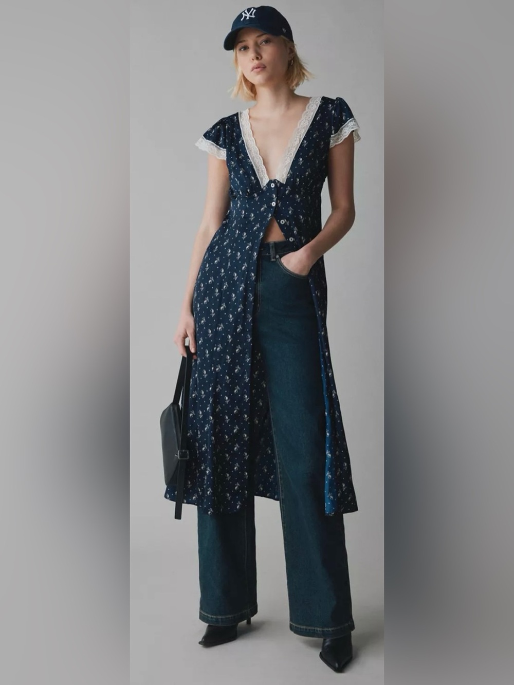 Kimchi Blue Navy Lace-Trim Button-Front Midi Dress - Picture 3 of 8